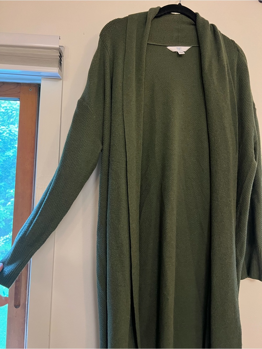 Time and Tru Olive Open-Front Long Cardigan